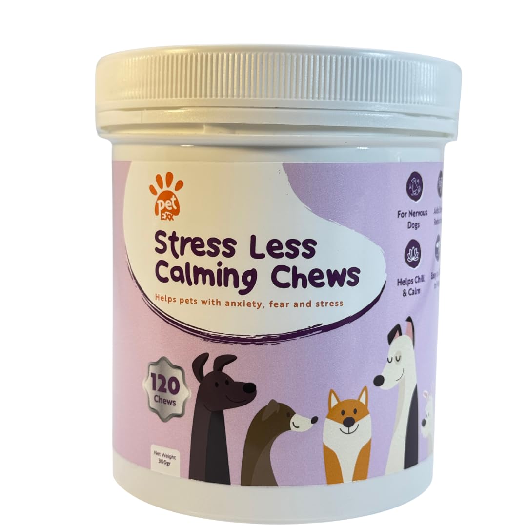 Stress Less Calming Chews - soft chew treat supplement for dogs and cats - help keep pets calm and anxiety & stress free during fireworks, Christmas, periods of separation - 60 chews per jar