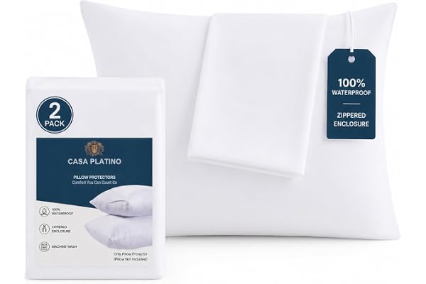 Casa Platino Waterproof Pillow Protectors Standard Size with Zipper (2 Pack, 20x26) – White Bed Bug Proof Pillow Encasement C