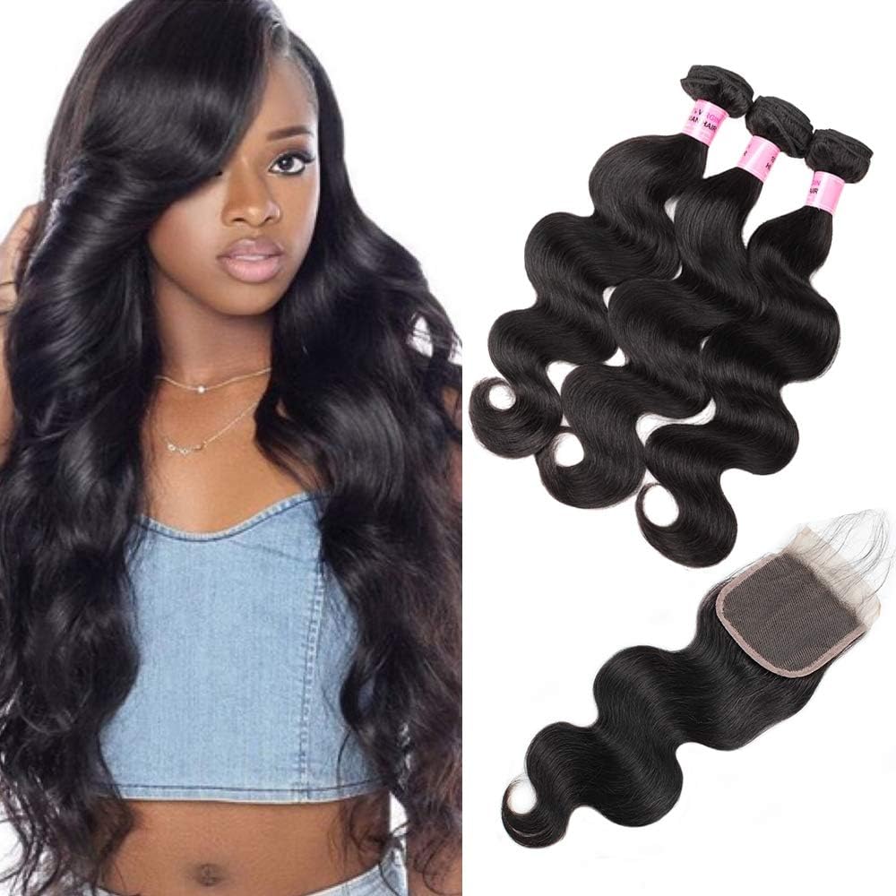 Brazilian Virgin Hair Body Wave Remy Human Hair Bundles with Lace Closure 10A 100% Unprocessed Human Virgin Hair 3 Bundles Natural Black Color (10 12 14+10)