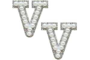 SOYCEV 2PCS White Pearl Iron on Letter Patches Rhinestone Letter Patches Sequin Letter Patches Sparkly Letter Patches for Backpacks Clothing (V)