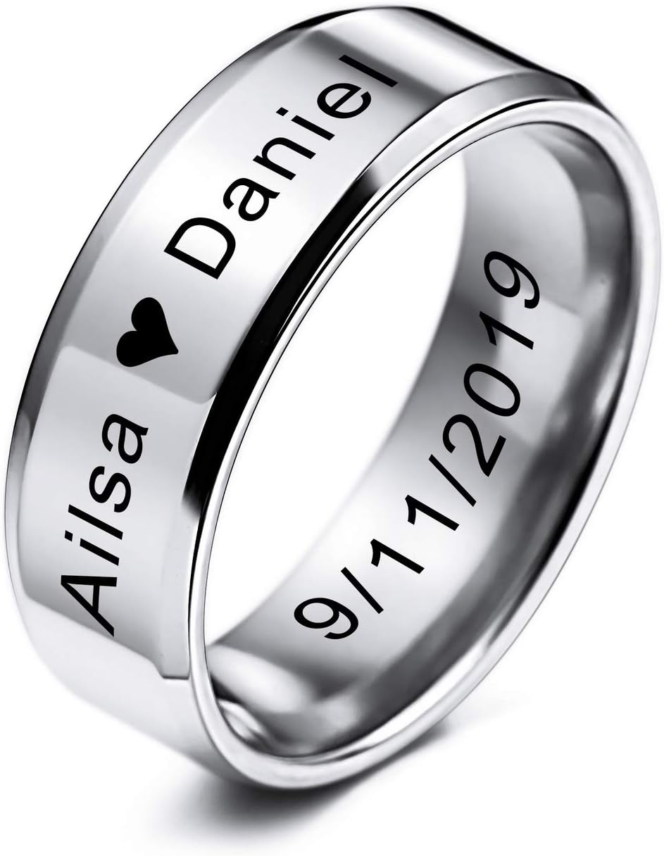 MeMeDIY Mens Wedding Rings For Women Boys Girls Water Resistant Stainless Steel Mens Wedding Bands Promise Ring, Bundle with Ring Size Adjuster - Customized Engraving (6 Colors, 3 Widths, J-Z+5 Sizes)