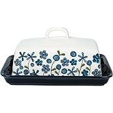 Blue Butter Dish with Lid Ceramic Covered Butter Keeper for Countertop | Floral Butter Holder for East West Coast butter, Contemporary butter Saver for Refrigerator, Microwave and Dishwasher Safe