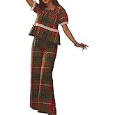 UAURORAO Women Plaid Ruffle Pajama Set Puff Short Sleeve Smocked Babydoll Top Slit Wide Leg Pants Sets Christmas Pjs