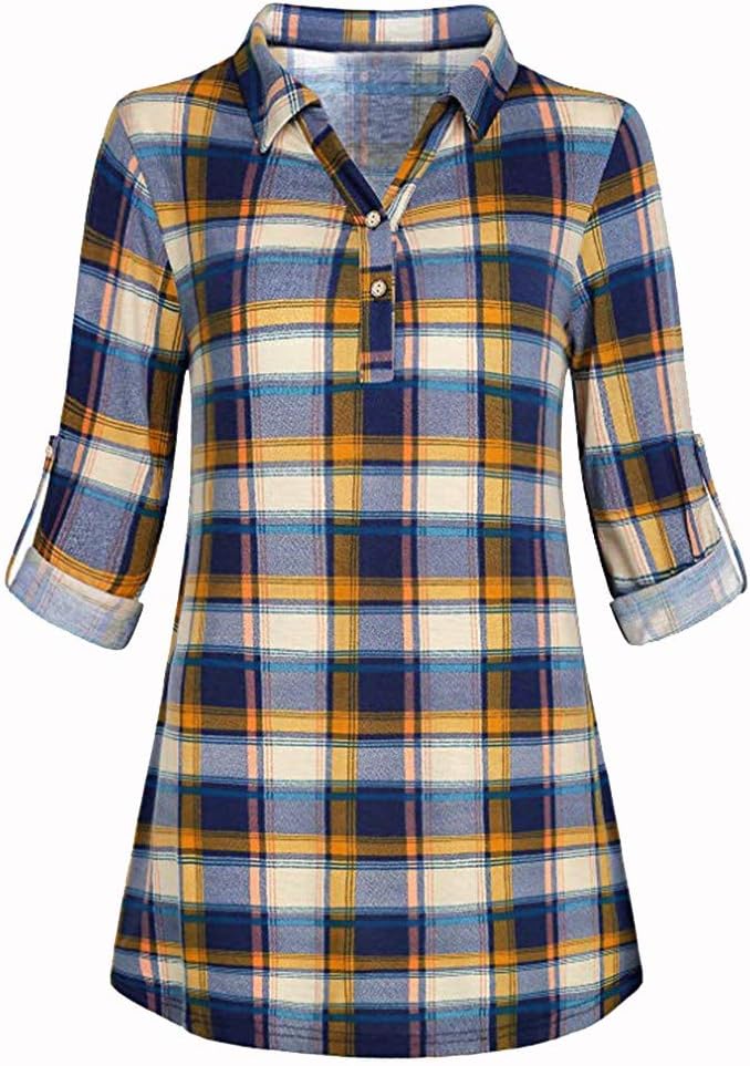 WOCACHI Women Plaid Split Button Long Sleeve Roll-up Lattice Tunic Blouses Tops