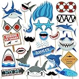 Konsait Shark Photo Booth Props(25Count), Ocean Sea Themed Jawsome Shark Party Photo Props Birthday Party Photo Booth Props for Kids Boys Party Decoration Blue Shark Zone Party Supplies