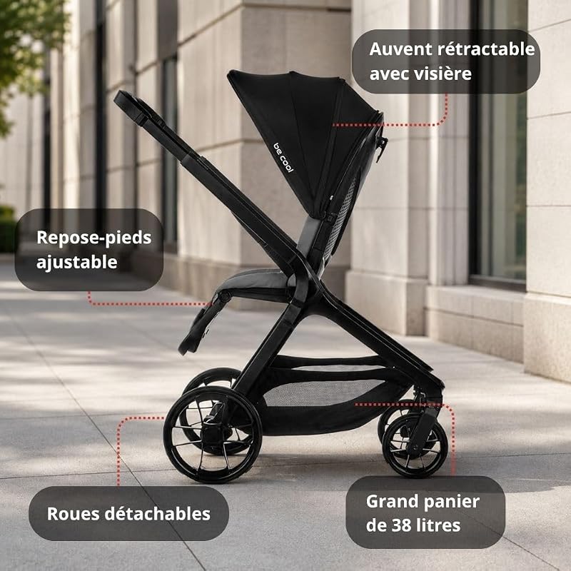 Kombo, Poussette Bébé 2 en 1 avec Nacelle Rigide Réglable en Hauteur et Siège Réversible, Pliage Automatique à Une Main, de la Naissance à 22 kg, Gris