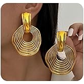 Chunky Gold Spiral Earrings,Exaggerated Texture Circle Dangle Earrings for Women,Large Round Door Knocker Earring