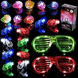 LED Toys Party Pack - 20 Piece Set - 2 LED Slotted Shaded Glasses - 2 LED Neon Shutter Party Glasses - 10 LED Finger Lights, 8 LED Strawberry Gel Rings - by Dragon Too