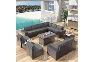 Delnavik Patio Furniture Sectional Sofa Set 13-Pieces PE Rattan Patio Conversation Set w/43in Gas Fire Pit Table, Outdoor Furniture with 55000 BTU Propane Fire Pit, Grey