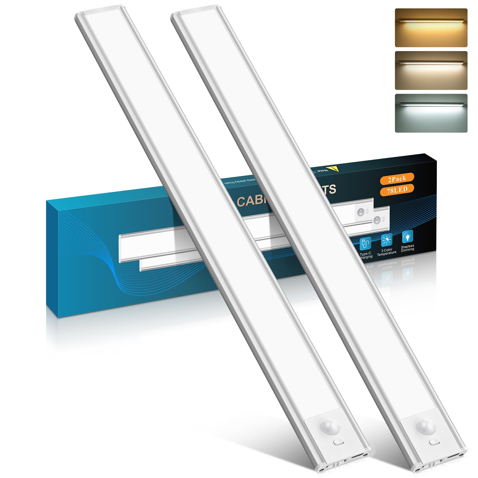 COTLEDL 40CM Under Cabinet Kitchen Lights with Motion Sensor,2 Pack 78LEDs Type-C 2500mAh Rechargeable, 3 Color Temps 10%-100% Dimmable Cupboard Cabinet Light for Kitchen, Bedroom, Hallway