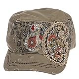 Crystal Case Womens Cotton Rhinestone Paisley Cadet Cap Hat (Khaki)