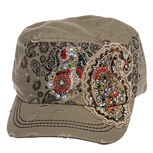Crystal Case Womens Cotton Rhinestone Paisley Cadet Cap Hat (Khaki)