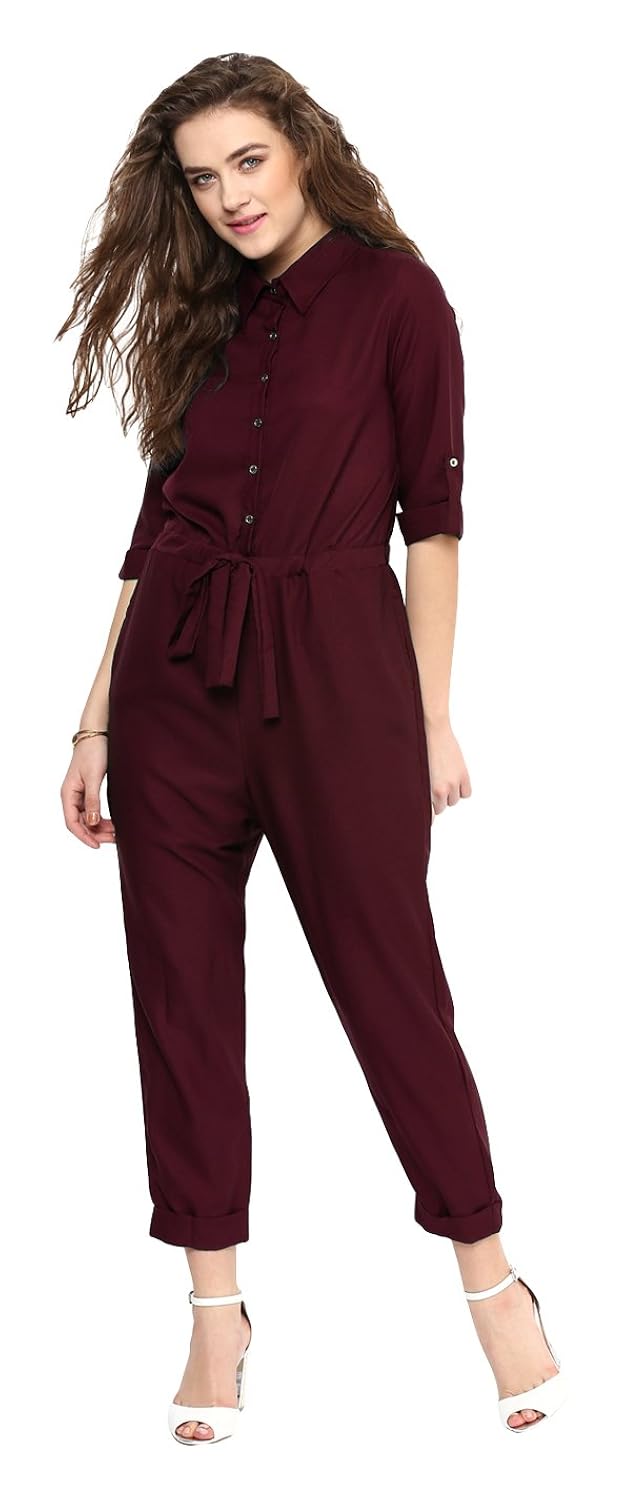 uptownie lite women's crepe roll up jumpsuit (maroon)