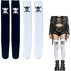 2 Pairs Funky Black&White Skull Crossbones Thigh High Socks Set, Gothic Pirate Over Knee Patterned Stockings, Emo Skeleton Pr