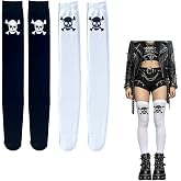 2 Pairs Funky Black&White Skull Crossbones Thigh High Socks Set, Gothic Pirate Over Knee Patterned Stockings, Emo Skeleton Print Socks for Halloween Cosplay & Costume Parties
