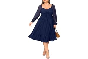 Talisea Plus Size Dresses Sweetheart Neckline Long Sleeves Chiffon Party Cocktail A Line Curvy Womens Midi Dress