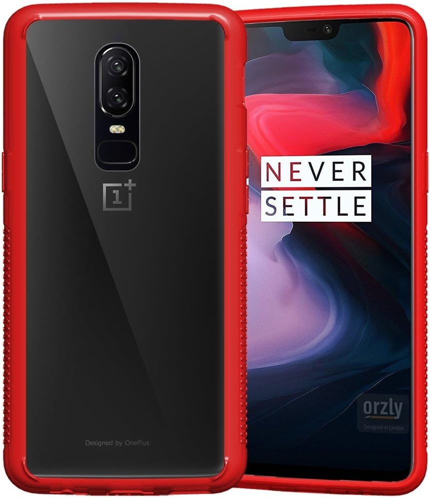 Orzly OnePlus 6 Case Fusion Bumper Case for ONE Plus SIX Model Smartphone (2018 Version) Protective Hard Back Cover Shell with RED Impact Absorbing Rubber Rim & Clear Back Panel