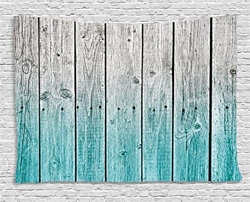 Rustic Tapestry Decor, Wood Panels Background with Digital Tones Effect Country House Image, Wall Hanging for Bedroom Living Room Dorm, 60 W X 40 L Inches, Teal Grey