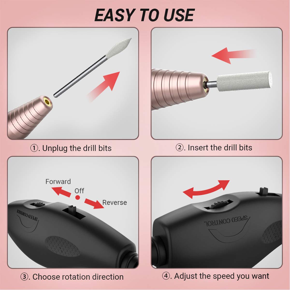 AIRSEE Portable Electric Nail Drill Professional Efile Kit For Acrylic, Gel Nails, Polishing Shape Tools with 11Pcs Nail Drill Bits, 26 Sanding Bands, Glass Nail File, Manicure Set, Nail Brush (Gold): Beauty