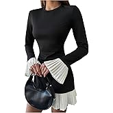 GORGLITTER Women's Long Sleeve Pleated Bubble Dress Elegant Classy Fall Color Block Patchwork Formal Prom Mini Dresses