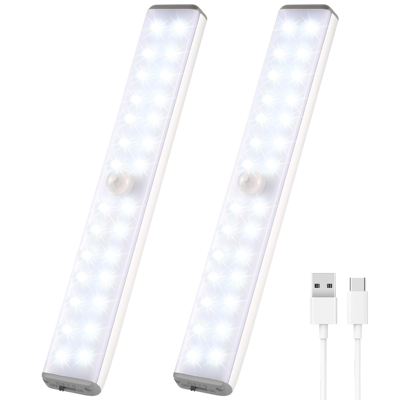 VCY Under Cabinet Lights, 280 Lumens Wireless Motion Sensor Light with 4 Modes, USB Rechargeable Closet Lighting, Magnetic & Adhesive Stick-On for Kitchen, Wardrobe, Hallway, Stairs, Cupboard (2 Pack)