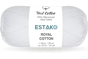 Estako Royal Cotton, 100% Mercerized Giza Cotton Yarn, Soft, Super Fino 1 for Crochet and Knitting 1.76 Oz (50g) / 137 Yrds (125m) (5050 - White)