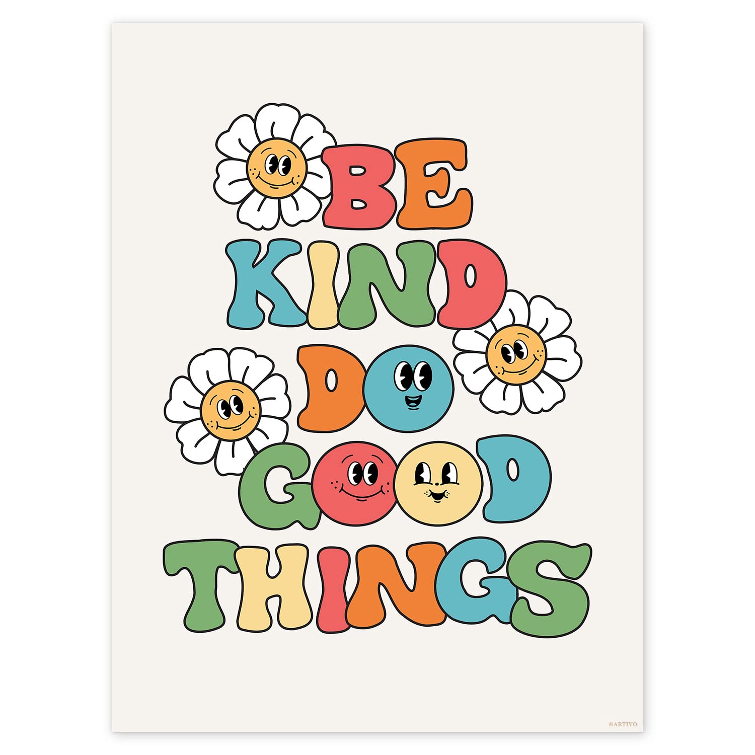 Retro Poster Wall Art Print, Be Kind Poster, Positive Quote Wall Art, Colorful Wall Decor, Cute Room Decor, Rainbow Retro Aesthetic Decor