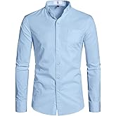 SIR7 Men's Banded Collar Long Sleeve Solid Color Casual Button Down Shirts with Pocket