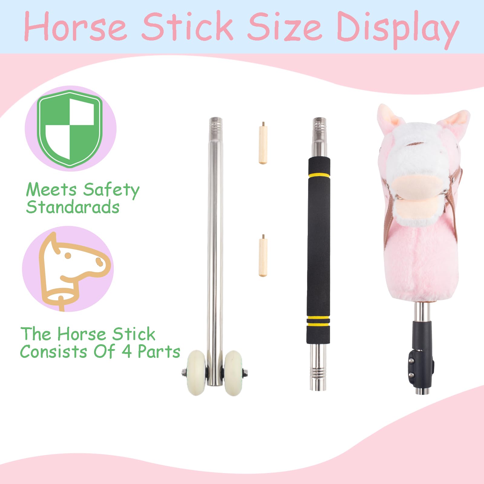 Hobby Horse on a Stick,30 to 50In Stick Horse for Kids 3-12 Years Plush Handcrafted Party Cowgirl Music Pink Pony Horse Toy with Illuminated Wheel Stainless Steels Soft Sponge Handle (Pink)