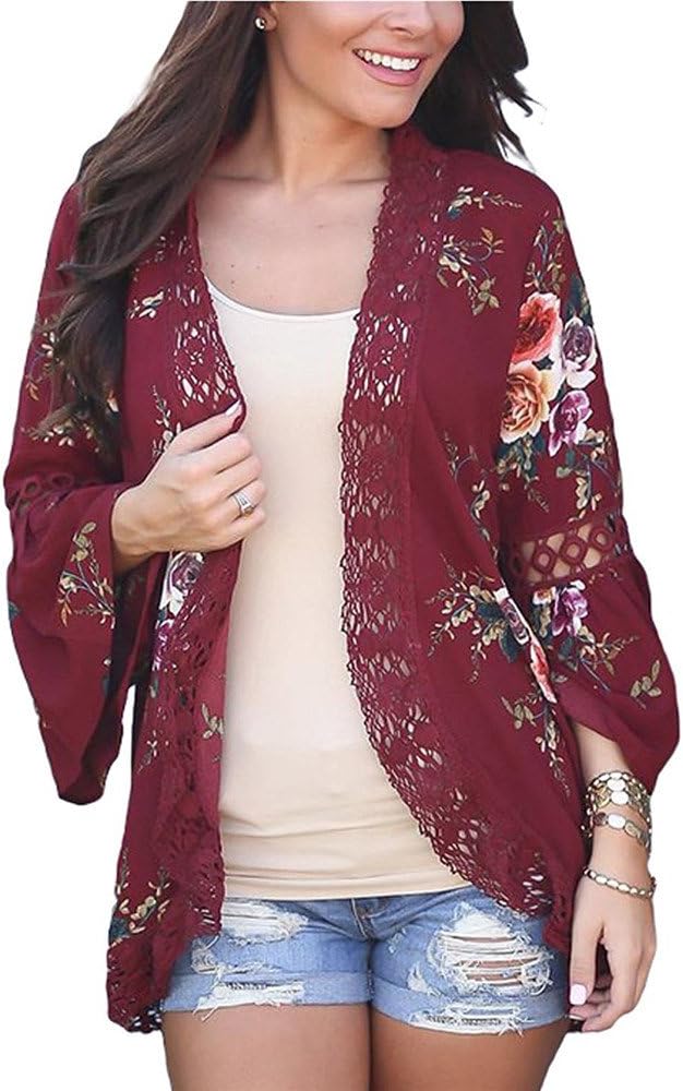 Women 3/4 Sleeve Floral Print Kimono Cardigan Blouse Top (Small, Wine)