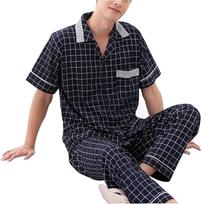 Mens 2 Pajamas Set Short Sleeve Solid Loose Comfortable Sizes Top and