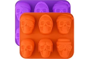 HUAKENER 2 Pack Skull Cake Pan, 6 Cavity Skull Cake Molds, Silicone Skull Baking Pan for Mini Cakes, Chocolate Bomb, Pudding, Halloween Baking