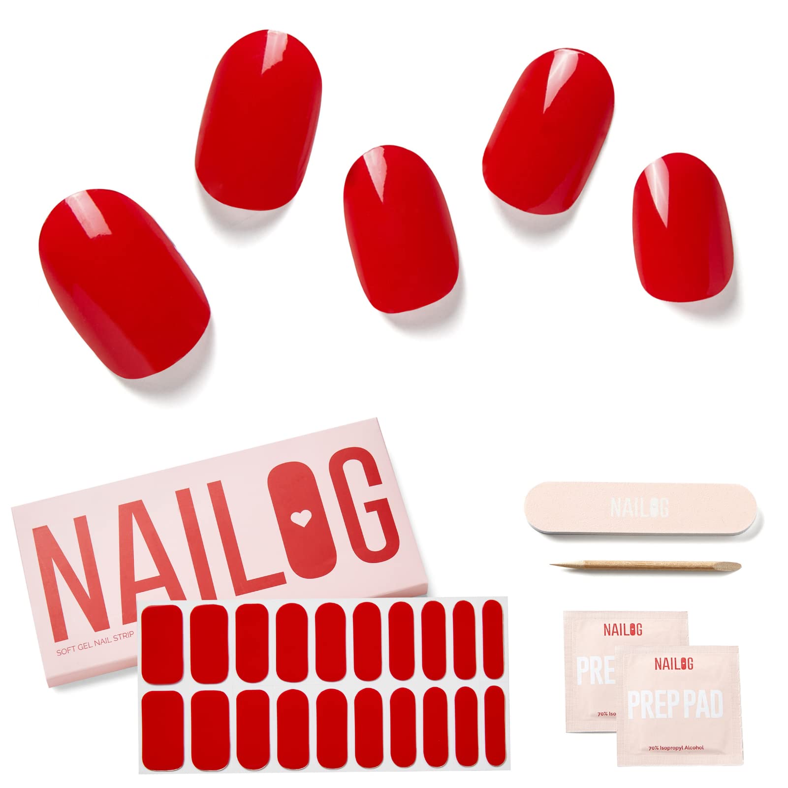 NAILOG Semi Cured Gel Nail Strips, 20 Pieces Extra Long Nail Polish Strips, Long Lasting Semi Cured Gel Nail Stickers with Soft Glossy Finish,Rouge