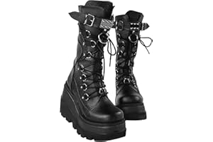 HINDOLA Womens Platform Punk Goth Mid Calf Boots Chunky High Heel Round-Toe Non Slip Back-Zip Knee High Motorcycle Booties Combat Boots For Women