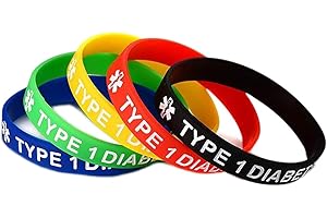 LuxglitterLin 5 Pack Sport Medical Alert ID Silicone Bracelet TYPE 1 DIABETES Rubber Medical Awareness Wristbands 7.5"