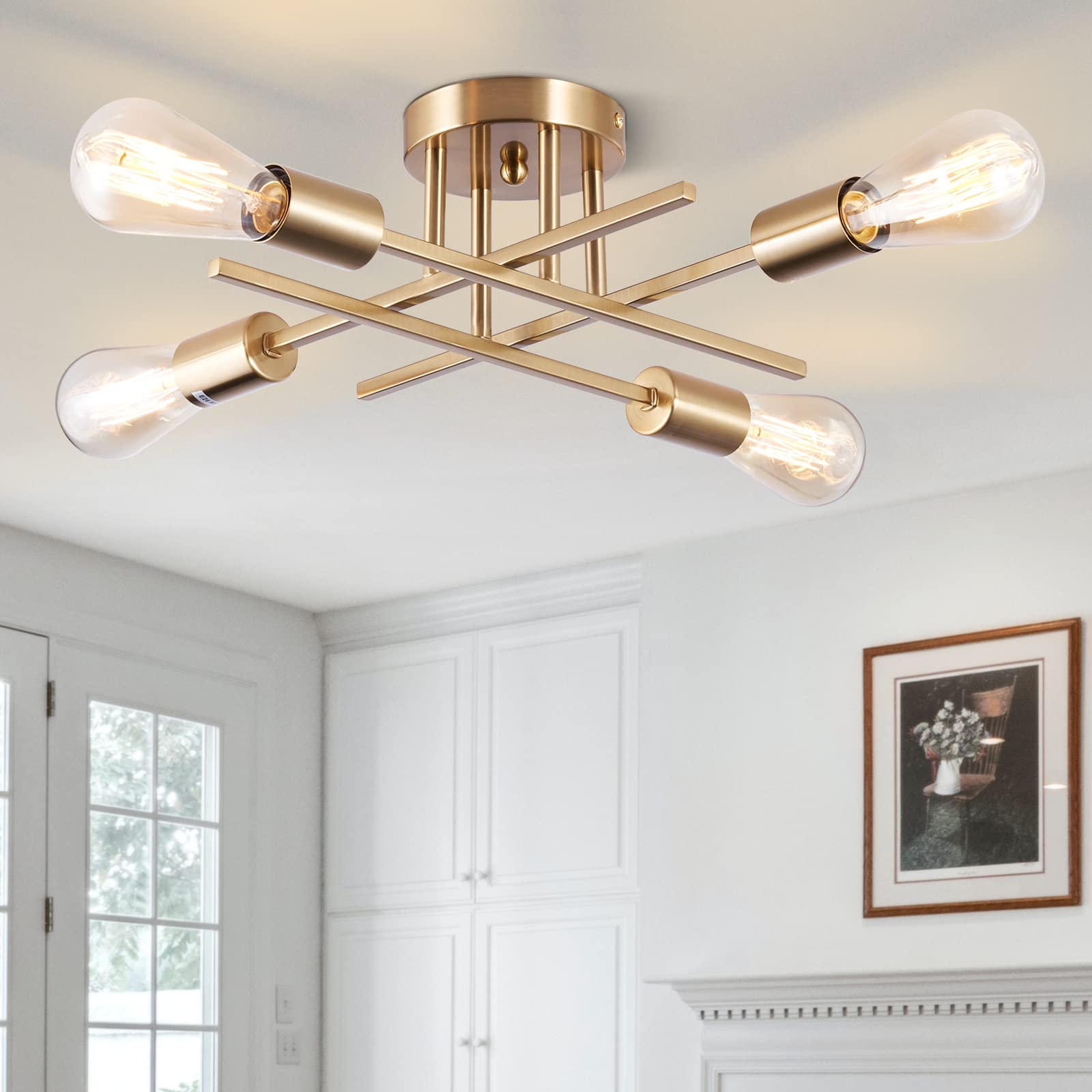 Photo 1 of BrkNit Sputnik Chandeliers, Modern Semi Flush Mount Ceiling Light with E26 Base, Mid Century Industrial Kitchen Farmhouse Light Fixtures for Bedroom Living Room (Brass, Ceiling 4 Lights)