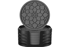 HAPILAIF ㅤ Silicone Coasters Set of 6 with Holder, Silicone Cup Coasters for Coffee Table, Washable Heat Resistant, Cup Coasters for Home Decor Tabletop Protection Non-Slip and Non-Stick, Round Grey Coasters