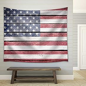 USA, American Flag Painted on Old Wood Plank Background - Fabric Wall Tapestry Home Decor - 51x60 inches