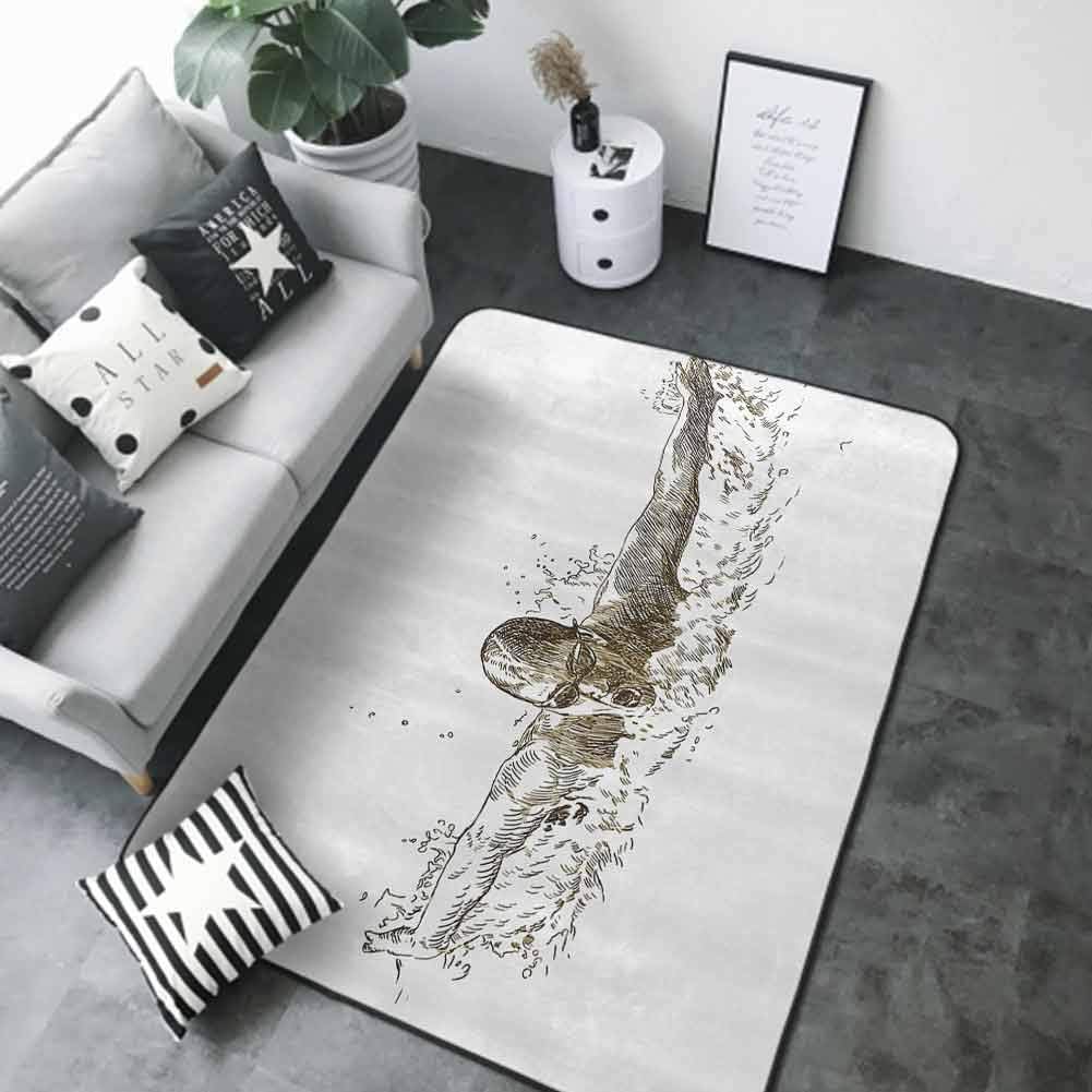 Corridor Rug Colorful Olympics,Swimmer Swimming Butterfly Style Competition Sport Sketch Art Illustration,Olive Green White 36"x 60" Contemporary Synthetic Rug