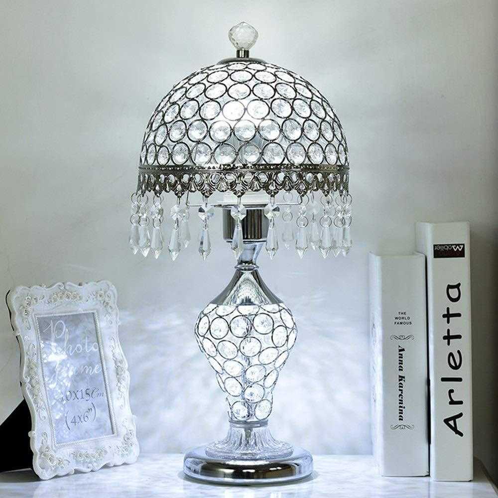 Bursthx Crystal Table Lamp Vintage Nightstand Clear Crystal Beads Lampshade Desk Light Metal