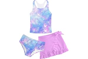 LOVEKIDER Girls Swimsuits 3 Piece Tankini Bathing Suit Set Cute Bikini Swimwear with Cover Ups Beach Skirt 5-16 Years