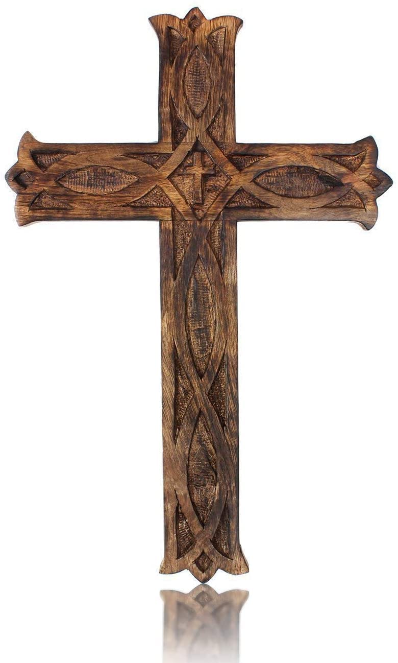 Wooden Religious Catholic Crucifix Cross Wall Hanging 40 x 30 cms French Plaque Floral Carvings Living Room Home Decor Accent Church Chapel Altar Wall Art Decor Display Antiqued Rustic Finish