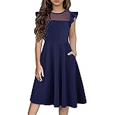 Flypigs Girls Dresses Summer Formal Party Wedding Ruffle Sleeve Mesh Knee Length A Line Dress with Pockets