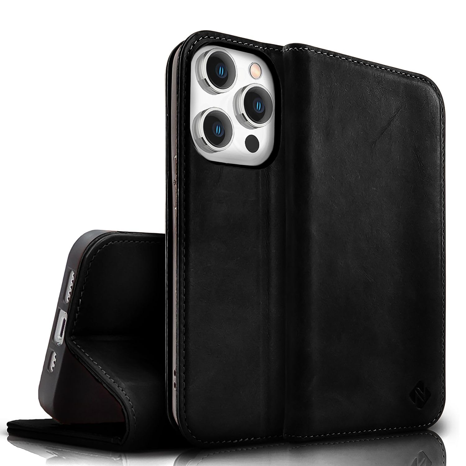 NALIA Genuine Leather Case for iPhone 15 Pro Max - RFID Wallet & Magnetic Closure - LEVANTO (Handmade Book Cover) - German Brand, Color:Black