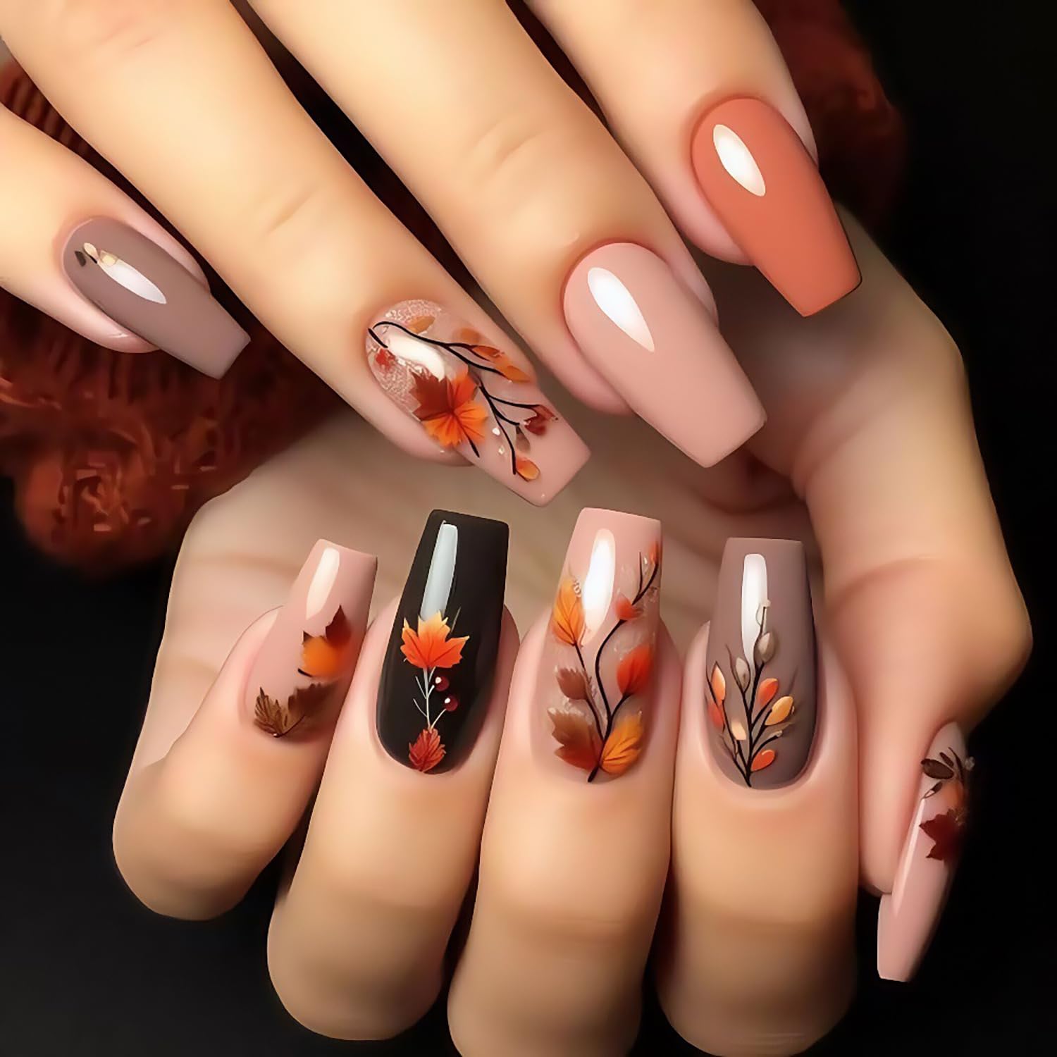 Photo 1 of Vopintpy Fall Press on Nails Long Square Thanksgiving Fake Nails Autumn Maple Leaf Acrylic Glue on Nail Glossy Reusable Maple Leaves Stick on Nail for Women DIY Manicure
