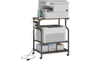 YAOHUOO 3 Tier Large Printer Stand with Power Outlet/USB Port, Rolling Printer Cart with Adjustable Storage Shelf, Printer Table Stand for 3D Printer/Heat Press/Laster Printer, Rustic Brown
