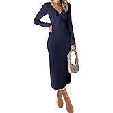 RAISECOM Womens Ribbed Knit Maxi Dresses Long Sleeve V Neck Casual Sweater Dress Bodycon Midi Dress