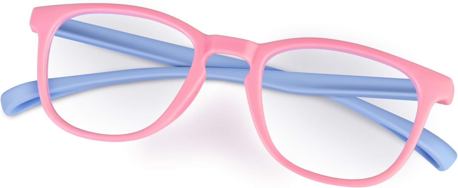 Blue Light Blocking Glasses for Kids,Non-Slip Design for Boys & Girls, Anti Glare Reading/Gaming Glasses with a Replaceable Sports Rope,UV400 Protection (Light Blue&Pink)