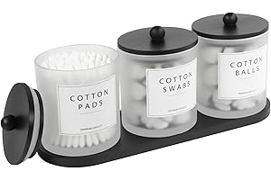 3 Pack Qtip Holder Dispenser - Glass Apothecary Jars with Bamboo Lids, Cotton Ball Pad Swab Round Holder, Floss Pick Containe