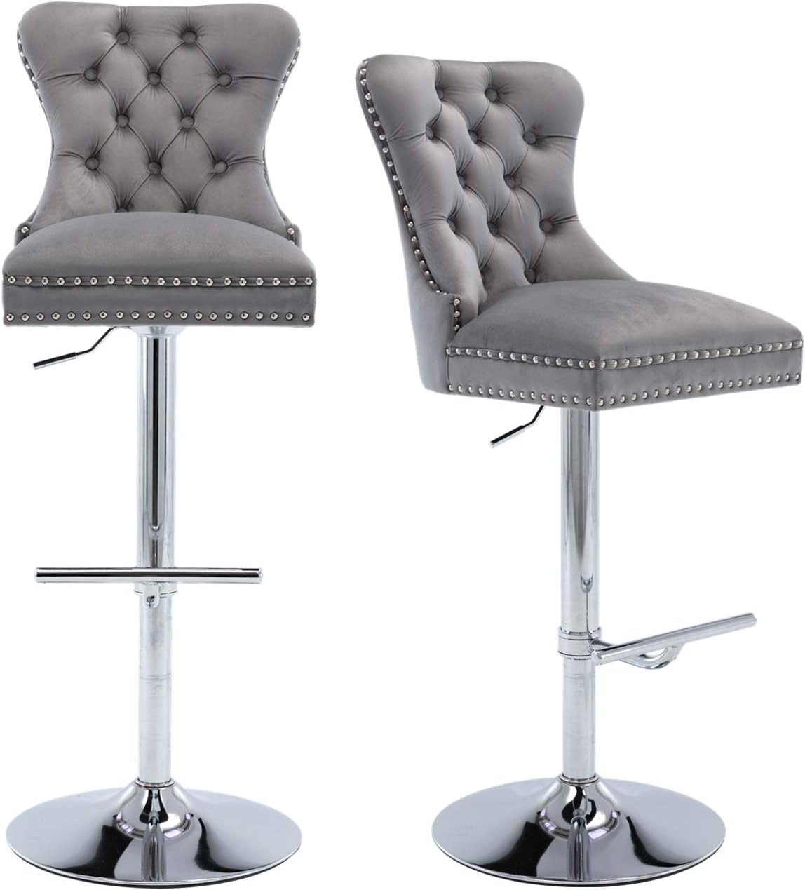 HAIQUAM Swivel Bar Stools Set of 2 Velvet Adjustable Barstool High Back Upholstered Modern Barstools Tufted Bar Stool Chairs for Dining Room/Home Bar/Kitchen, Grey